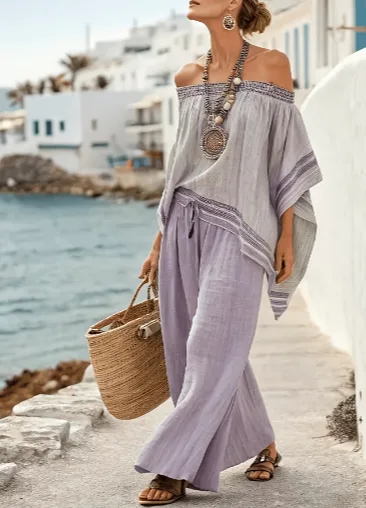 Bohemian Style Off the shoulder Batwing Sleeve Top Wide leg Pants Vacation Two piece Set Style5 L - Shop at LoveMi
