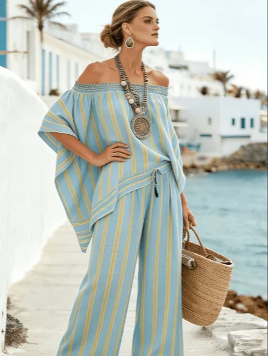 Bohemian Style Off the shoulder Batwing Sleeve Top Wide leg Pants Vacation Two piece Set Style7 M - Shop at LoveMi