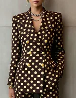 Retro Geometric Double-breasted Suit Jacket For Women, Long-sleeved, Slim Fit, Suitable For Commuting - Brown