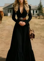 Retro V-neck Fitted Waist Flared Sleeve Long Dress - Black