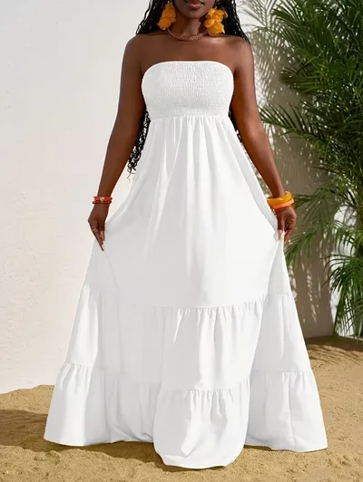 Vibrant Strapless Pleated Multi layered Full Skirt Dress, Women's Sleeveless Long Resort Style Dress White - Shop at LoveMi