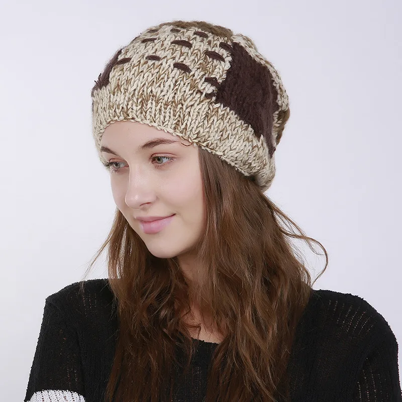 Women Patch Pleated Acrylic Stuffed Hand-woven Knit Thick Folds Warm Outdoor Wool Cute Hair Ball Hat - Beige