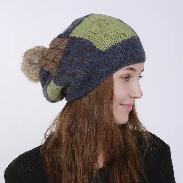 Women Patch Pleated Acrylic Stuffed Hand woven Knit Thick Folds Warm Outdoor Wool Cute Hair Ball Hat Blue - Shop at LoveMi