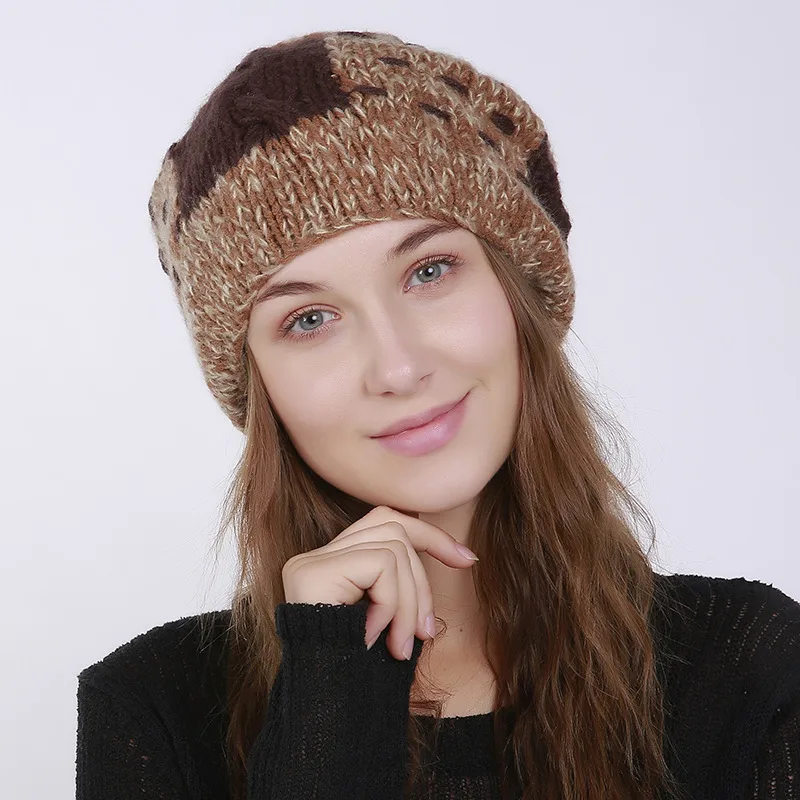 Women Patch Pleated Acrylic Stuffed Hand-woven Knit Thick Folds Warm Outdoor Wool Cute Hair Ball Hat - Coffee
