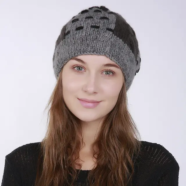 Women Patch Pleated Acrylic Stuffed Hand woven Knit Thick Folds Warm Outdoor Wool Cute Hair Ball Hat Dark Grey - Shop at LoveMi