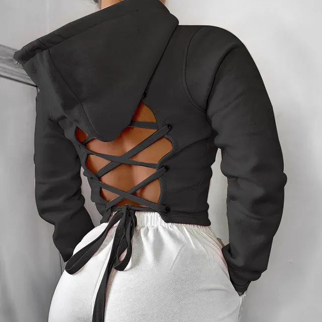 Short cut out lace up hooded sweater solid color top sweater Black - Shop at LoveMi