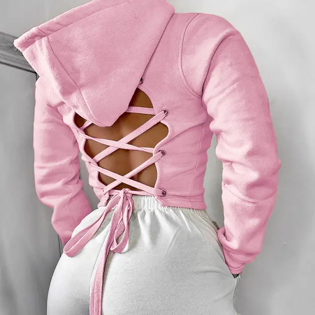 Short cut out lace up hooded sweater solid color top sweater Pink - Shop at LoveMi