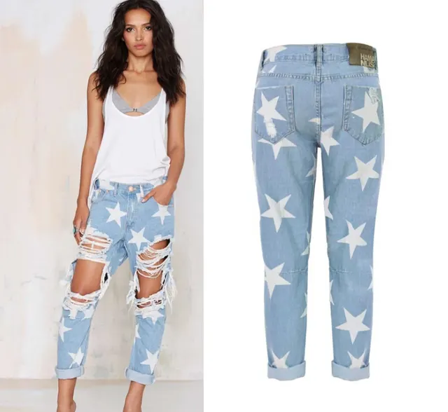 European and American women's new hole denim loose straight pants star print pants Light Blue - Shop at LoveMi