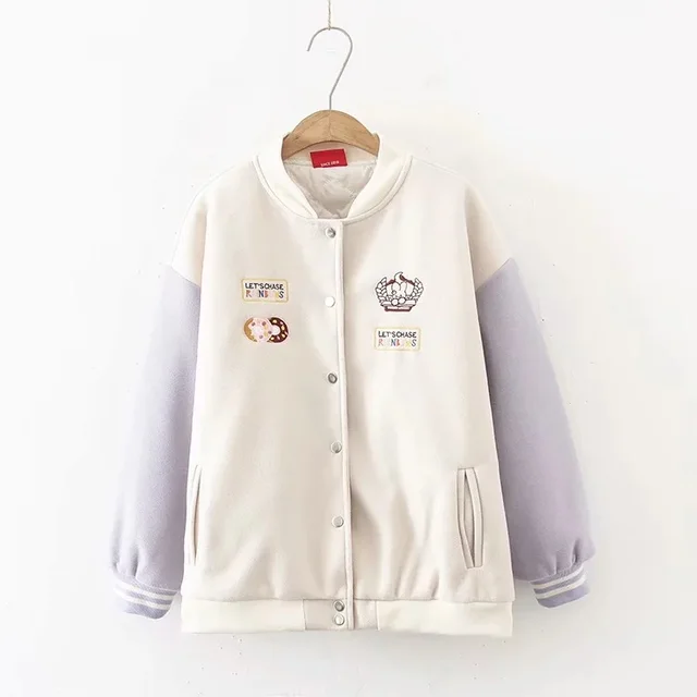 Autumn And Winter Cute And Sweet Student Casual Bear Embroidery Thick Coat Women Beige - Shop at LoveMi