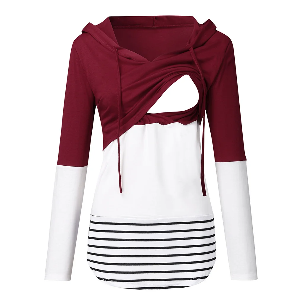 Autumn and winter color-blocking long-sleeved hooded nursing coat - Red