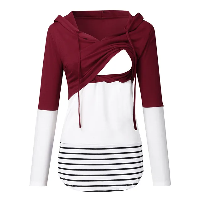 Autumn and winter color blocking long sleeved hooded nursing coat Red - Shop at LoveMi