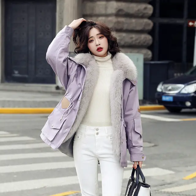 Large Fur Collar Plus Velvet Thick Cotton Jacket Mid length Purple - Shop at LoveMi