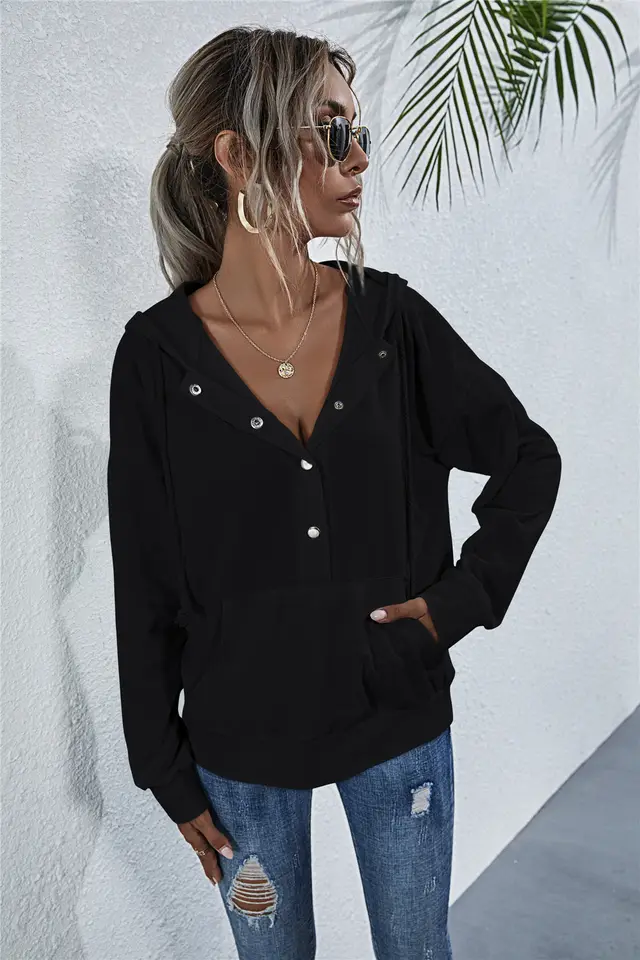Drawstring button pocket loose hoodie Black - Shop at LoveMi