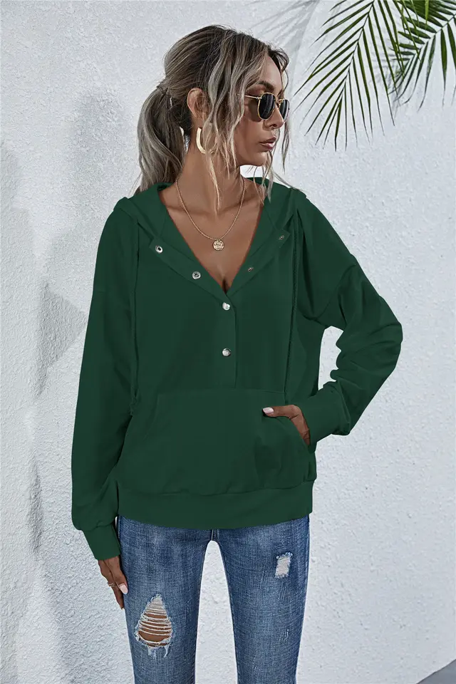 Drawstring button pocket loose hoodie Green - Shop at LoveMi