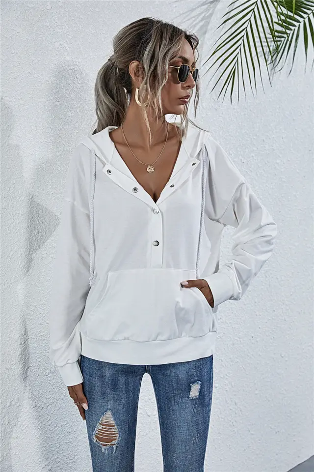 Drawstring button pocket loose hoodie White - Shop at LoveMi