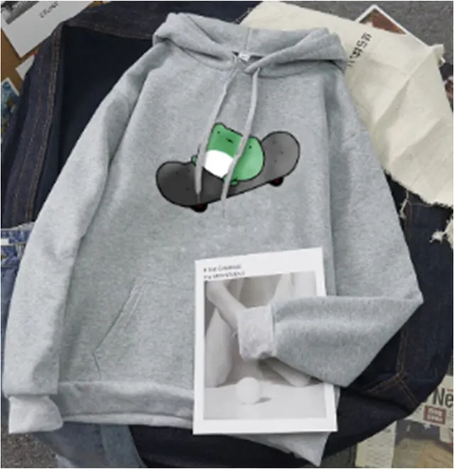 Green baby skateboard simple print loose hooded sweater Grey - Shop at LoveMi