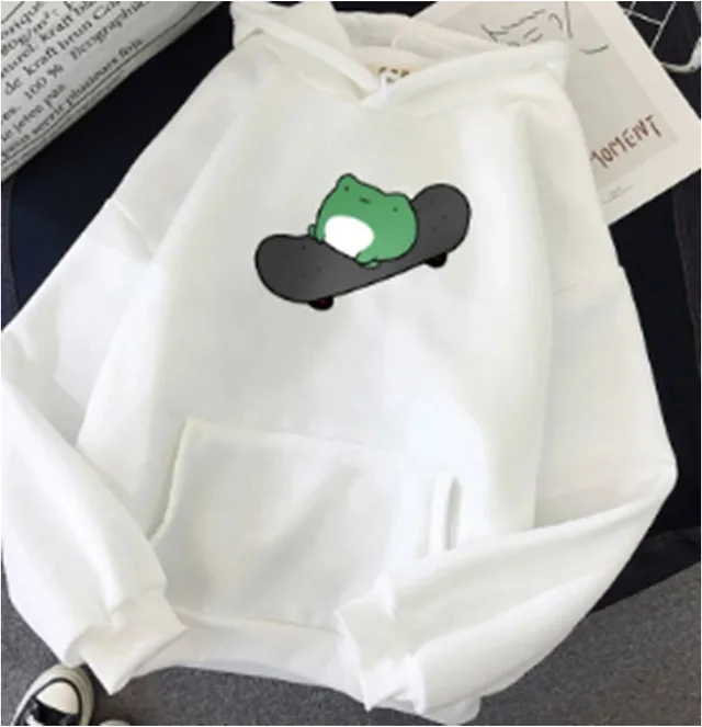 Green baby skateboard simple print loose hooded sweater White - Shop at LoveMi