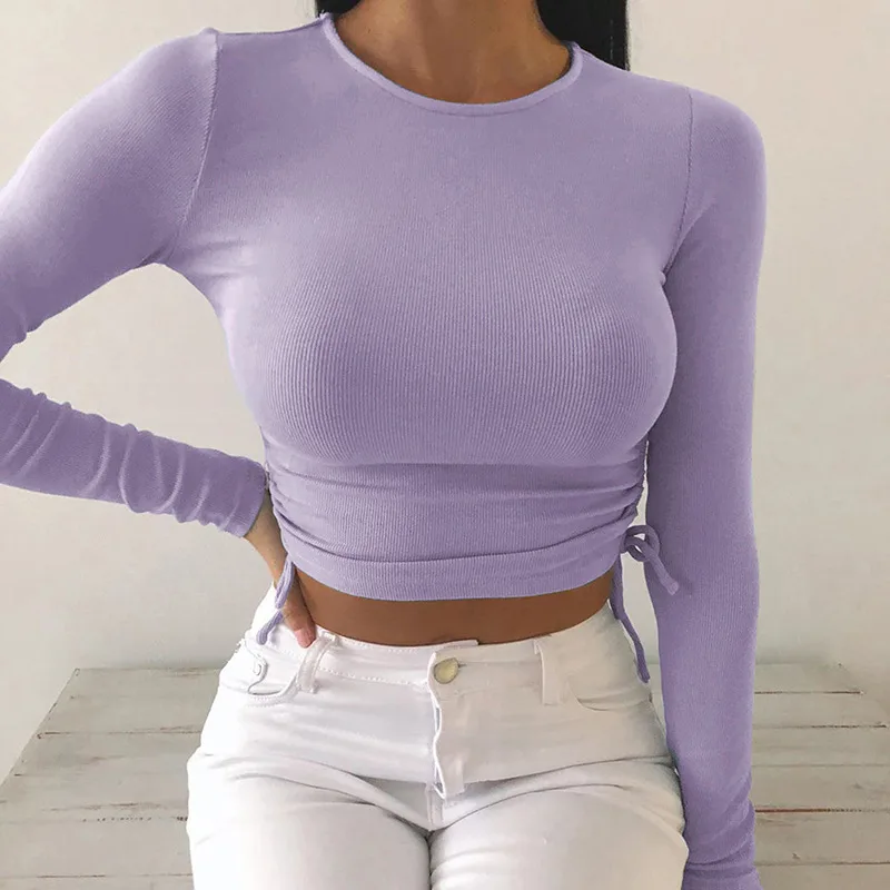 Irregular Slim Side Drawstring Long Sleeve T-Shirt Cropped Top - Purple