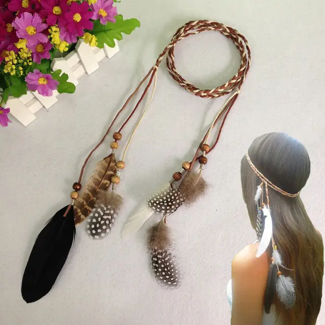 Bohemian feather hair belt Khaki - Shop at LoveMi