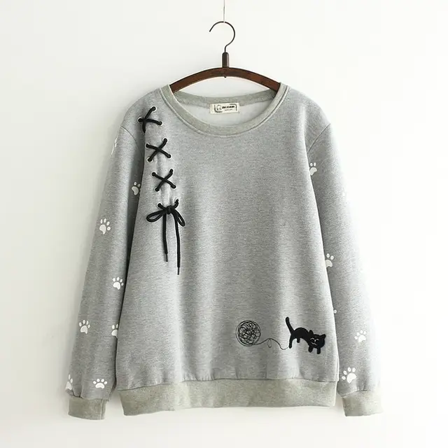Embroidered cat tie pullover sweater Grey - Shop at LoveMi