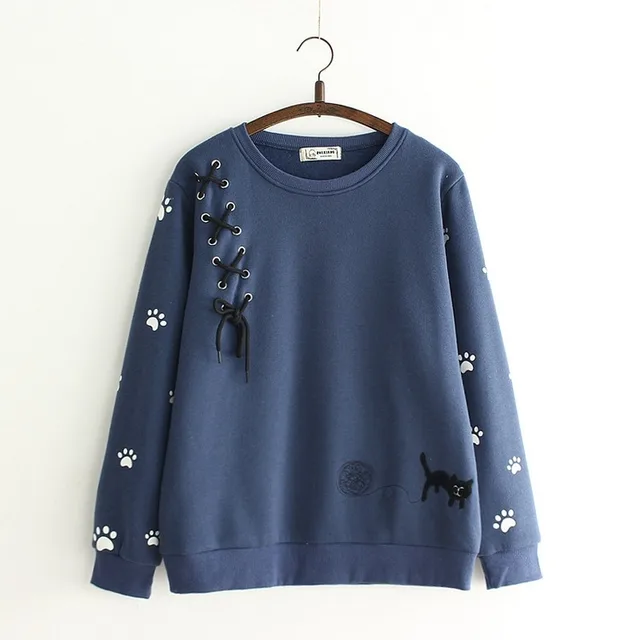 Embroidered cat tie pullover sweater Navy Blue - Shop at LoveMi