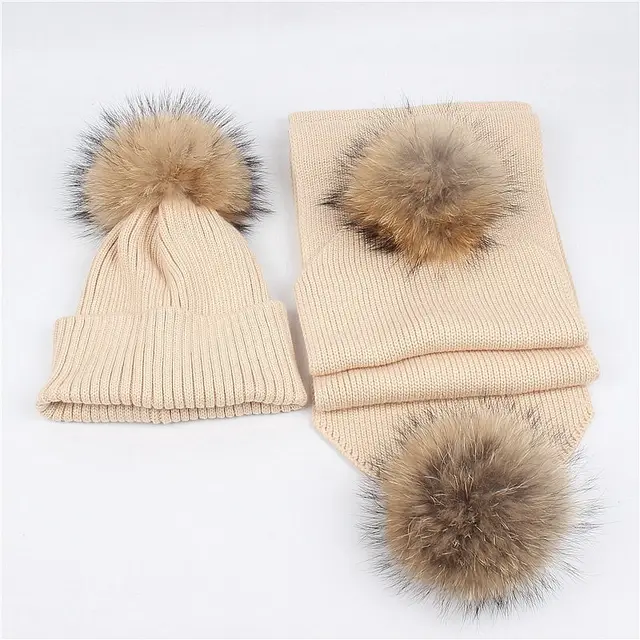 Outdoor warm raccoon fur ball wool hat scarf set Beige - Shop at LoveMi