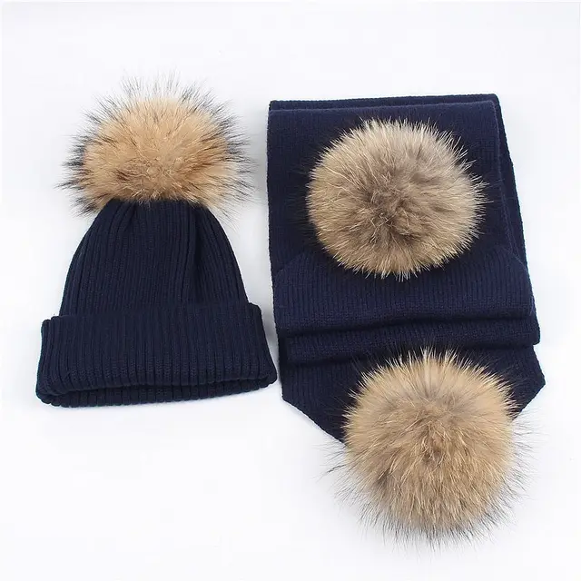 Outdoor warm raccoon fur ball wool hat scarf set Navy - Shop at LoveMi