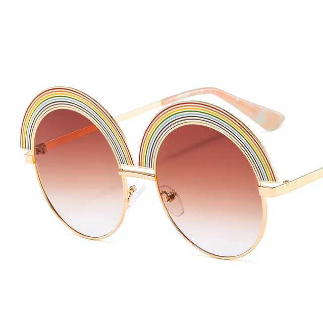 Metal Rainbow Large Round Frame Sunglasses Gold Brown - Shop at LoveMi