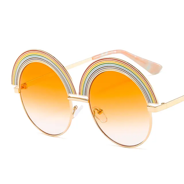 Metal Rainbow Large Round Frame Sunglasses - Gold Orange