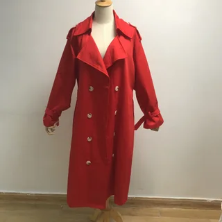 Fashion double-breasted loose and slim long trench coat - Red