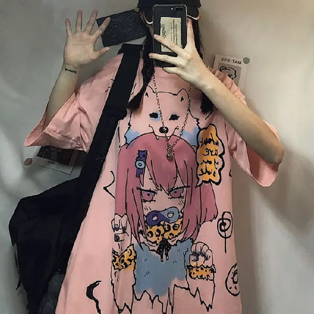 Anime White New Loose Ladies Short Sleeve T shirt Pink - Shop at LoveMi