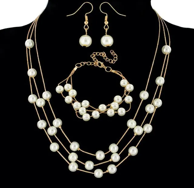 All match Sweet And Elegant Bride Bridesmaid Mesh Pearl Necklace Bracelet Earring Set Jewelry Gold - Shop at LoveMi