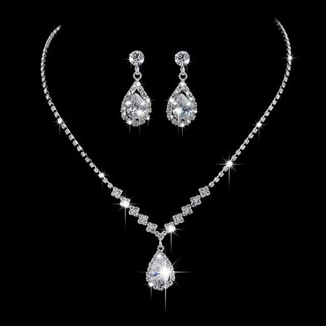Zircon Water Drop Pendant Set Chain Bride Claw Chain Rhinestone Necklace Earrings Two Piece Set Default - Shop at LoveMi