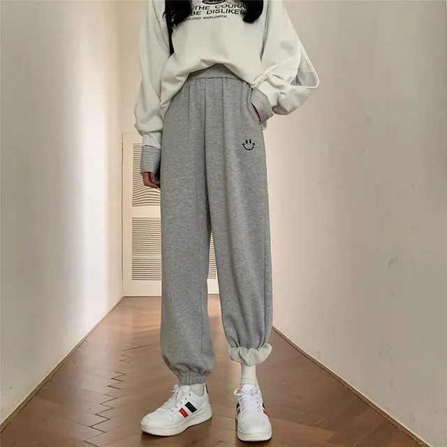 High waist slimming embroidered feet all match pant sports Light Grey Velvet - Shop at LoveMi