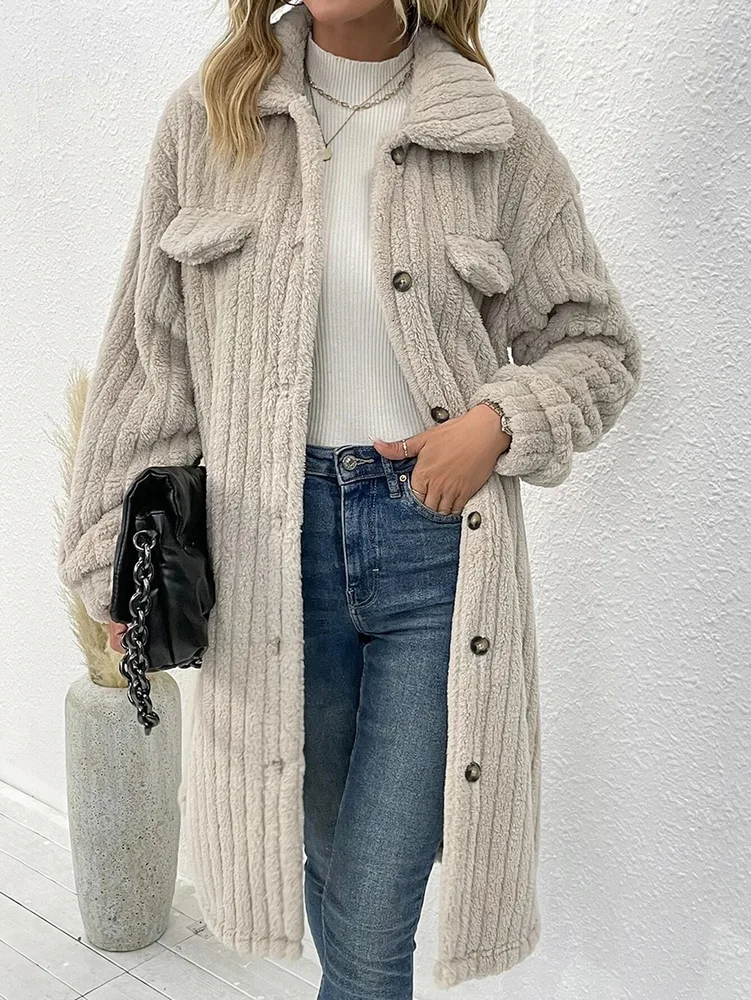 Women's Plush Lapel Long-sleeved Woolen Coat Top - Apricot