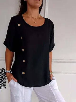 Casual Cotton And Linen Style Shirt Single Row Button Top Women's European And American - Black