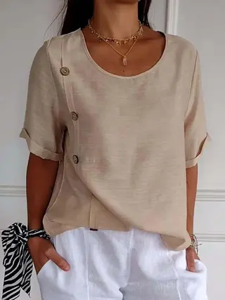 Casual Cotton And Linen Style Shirt Single Row Button Top Women's European And American - Khaki
