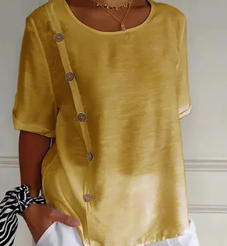 Casual Cotton And Linen Style Shirt Single Row Button Top Women's European And American - Yellow