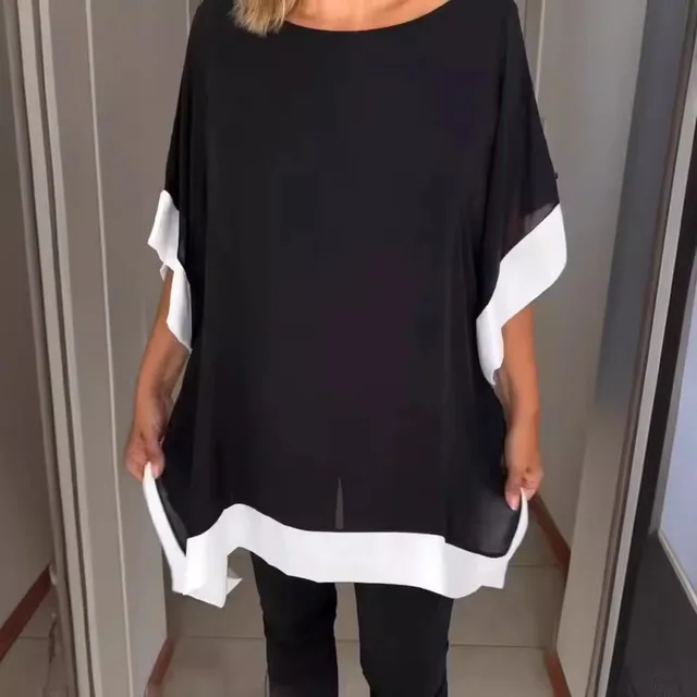 Front Chest Round Neck Loose Short Sleeves Batwing Sleeve Solid Color Stitching T shirt Black - Shop at LoveMi