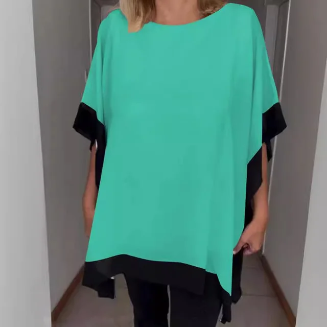 Front Chest Round Neck Loose Short Sleeves Batwing Sleeve Solid Color Stitching T shirt Green - Shop at LoveMi