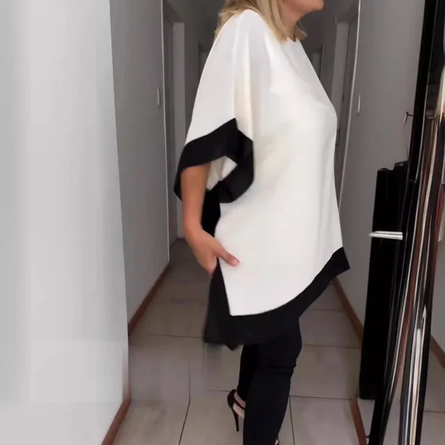 Front Chest Round Neck Loose Short Sleeves Batwing Sleeve Solid Color Stitching T shirt White - Shop at LoveMi