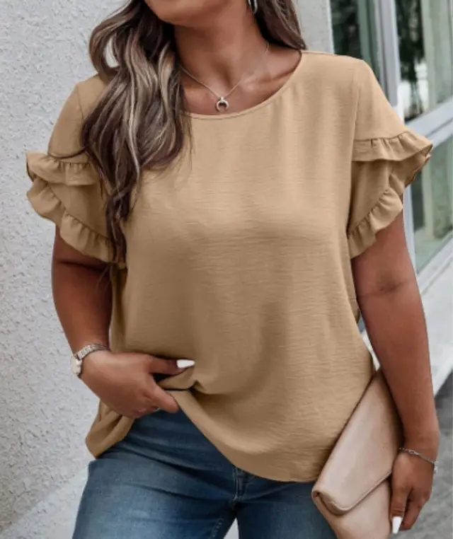 Oversized Loose Fitting Women's Ruffled Short Sleeved T shirt Khaki1 - Shop at LoveMi