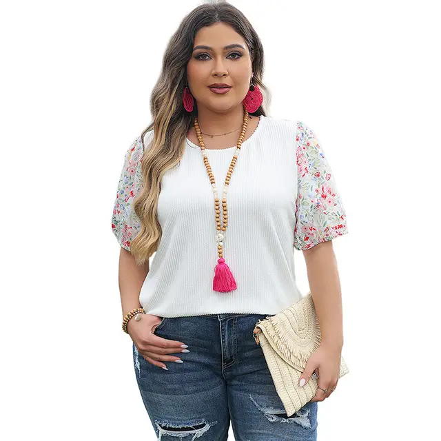 Women's Floral Puff Sleeve Casual Loose Short Sleeves White - Shop at LoveMi