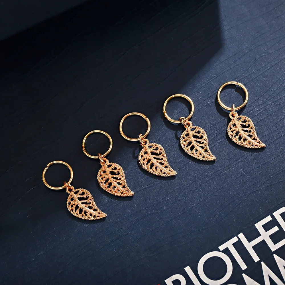 Dreadlocks Buckle Metal Loop Braided Hair Ring Hip Hop Disco Braid 5 Golden Leaves - Shop at LoveMi