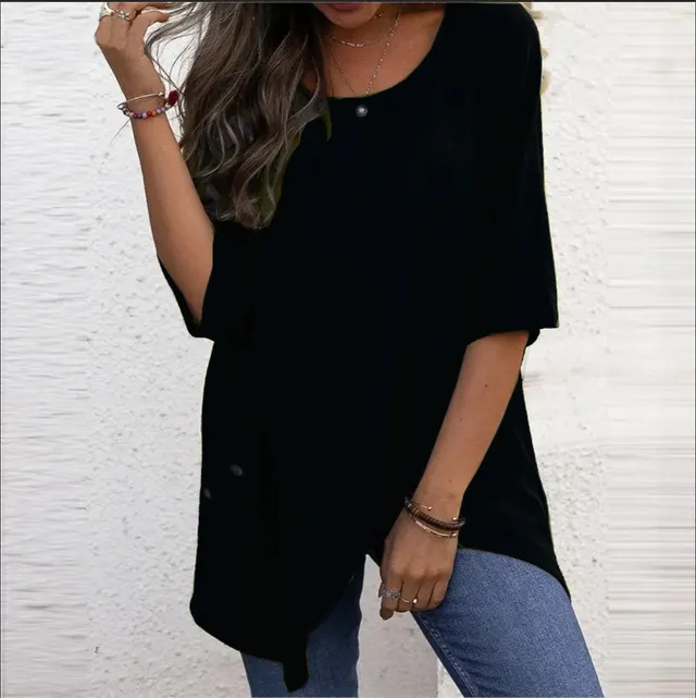 Cotton Linen Round neck Irregular Shirt Half Sleeve Shirt Black - Shop at LoveMi