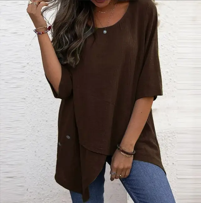 Cotton Linen Round neck Irregular Shirt Half Sleeve Shirt Brown - Shop at LoveMi