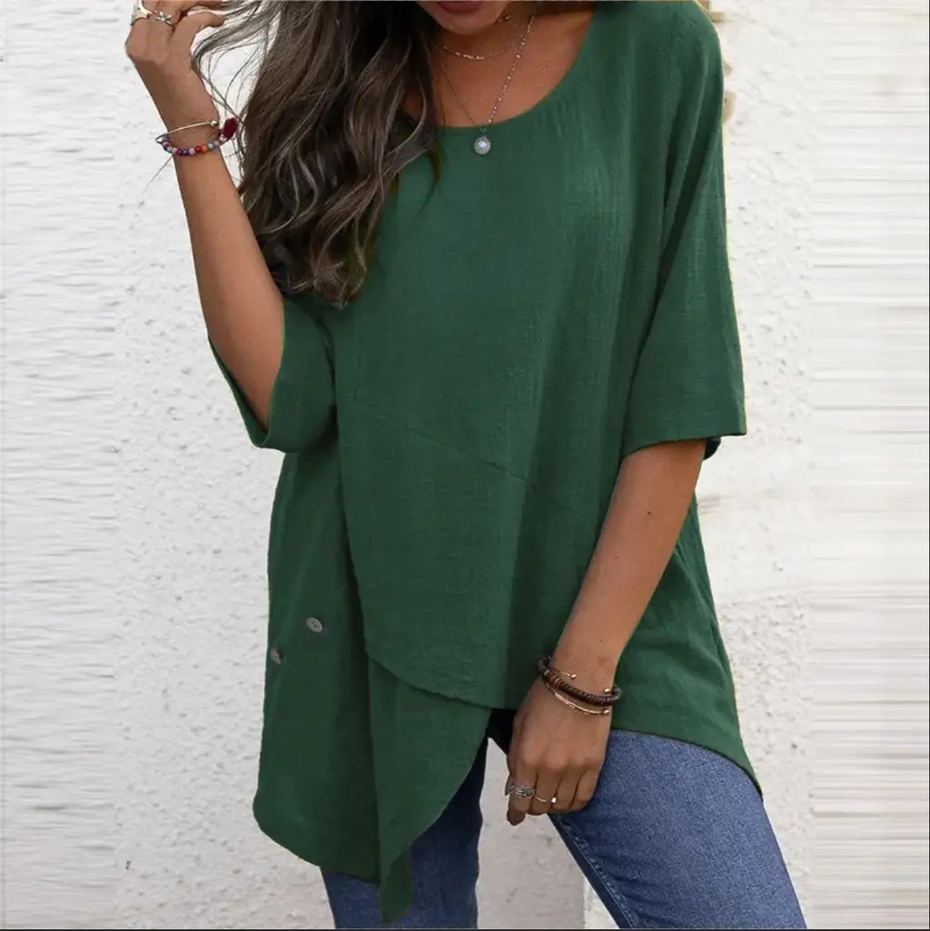 Cotton Linen Round-neck Irregular Shirt Half Sleeve Shirt - Dark Green