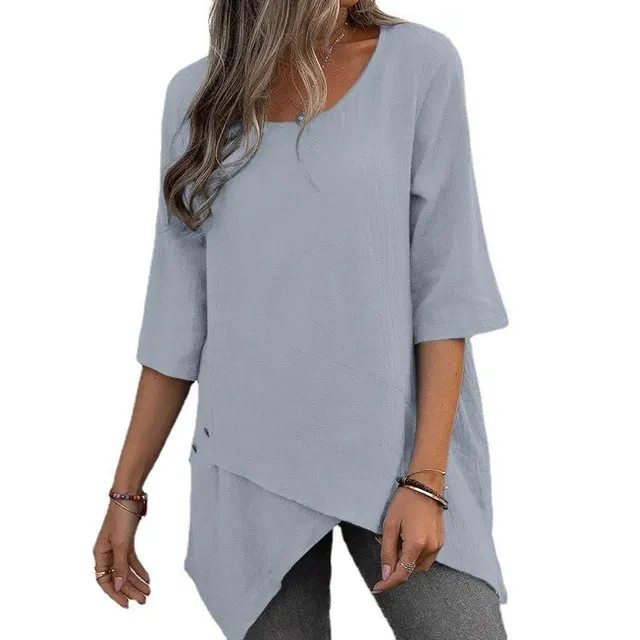 Cotton Linen Round-neck Irregular Shirt Half Sleeve Shirt - Gray