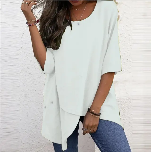 Cotton Linen Round neck Irregular Shirt Half Sleeve Shirt White - Shop at LoveMi