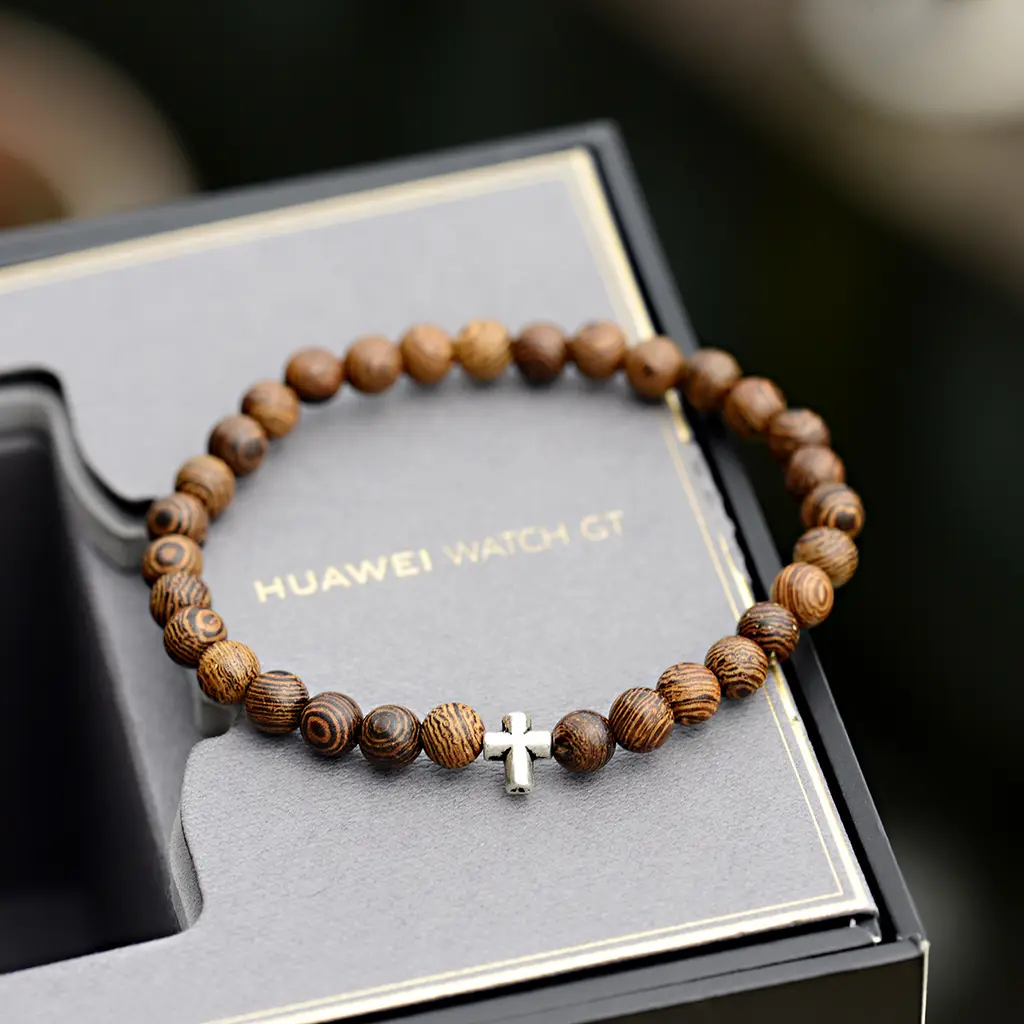 Same Style Personalized Cross Wood Grain Wooden Bead Bracelet - Black